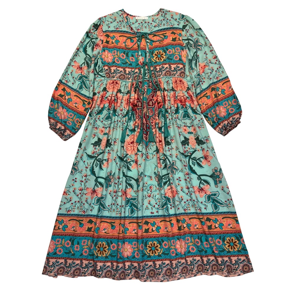 R.Vivimos Turquoise Coral Boho Floral Paisley Midi Dress w/ Tassels Size S